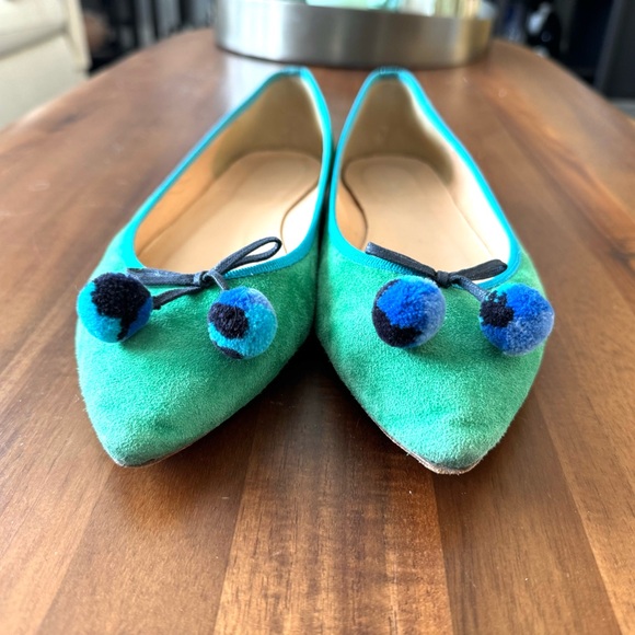 JCrew Green and Blue Leather Pom Pom Flats - Picture 9 of 11
